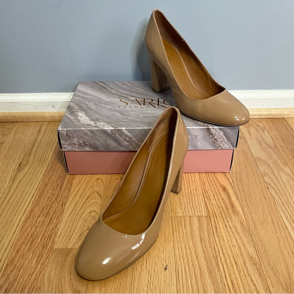 Franco Sarto Aziza Tan Patent Leather Block Heels Shoes